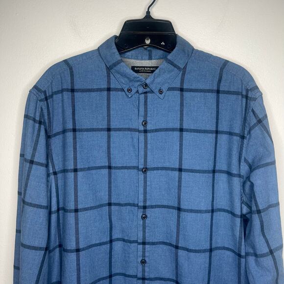 Banana Republic Luxe Flannel Camden Fit Blue Plaid Long Sleeve Men L Button Down - Picture 2 of 12